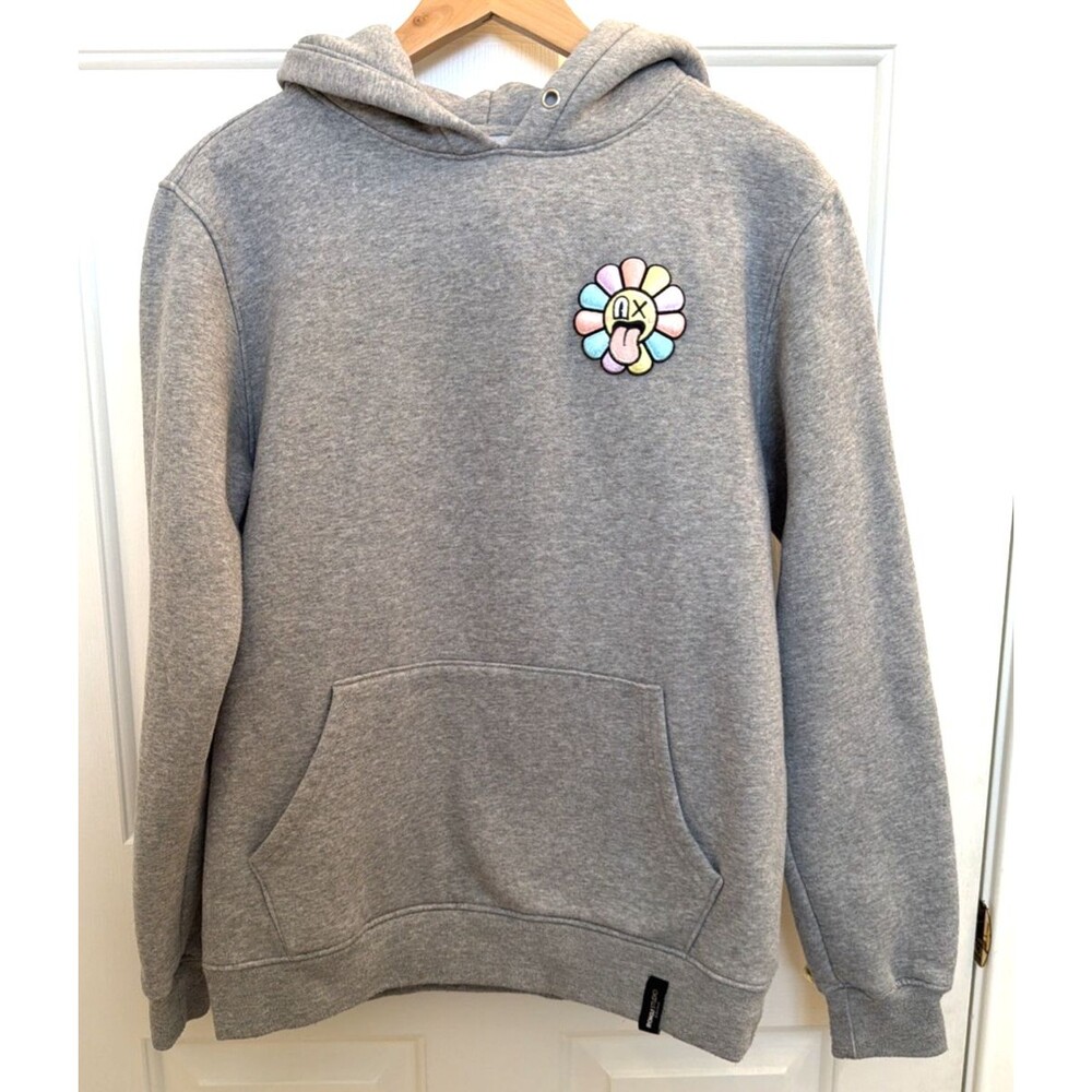 Roku Studio Gray Hoodie Multicolor Embroidered Flower Patch M Streetwear Urban